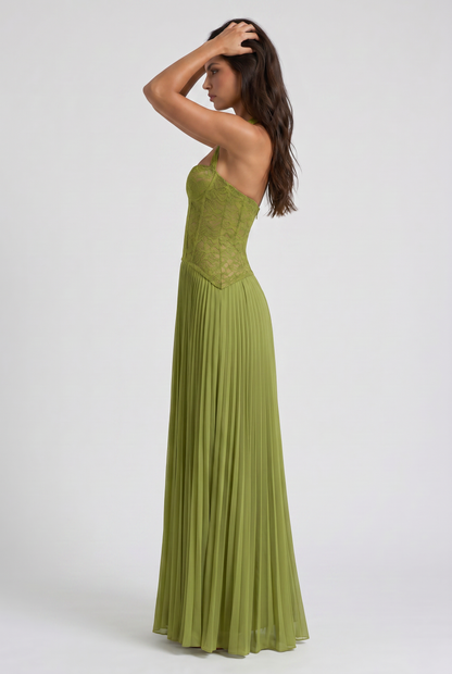 Vestido Verde Oliva de Encaje y Plisado
