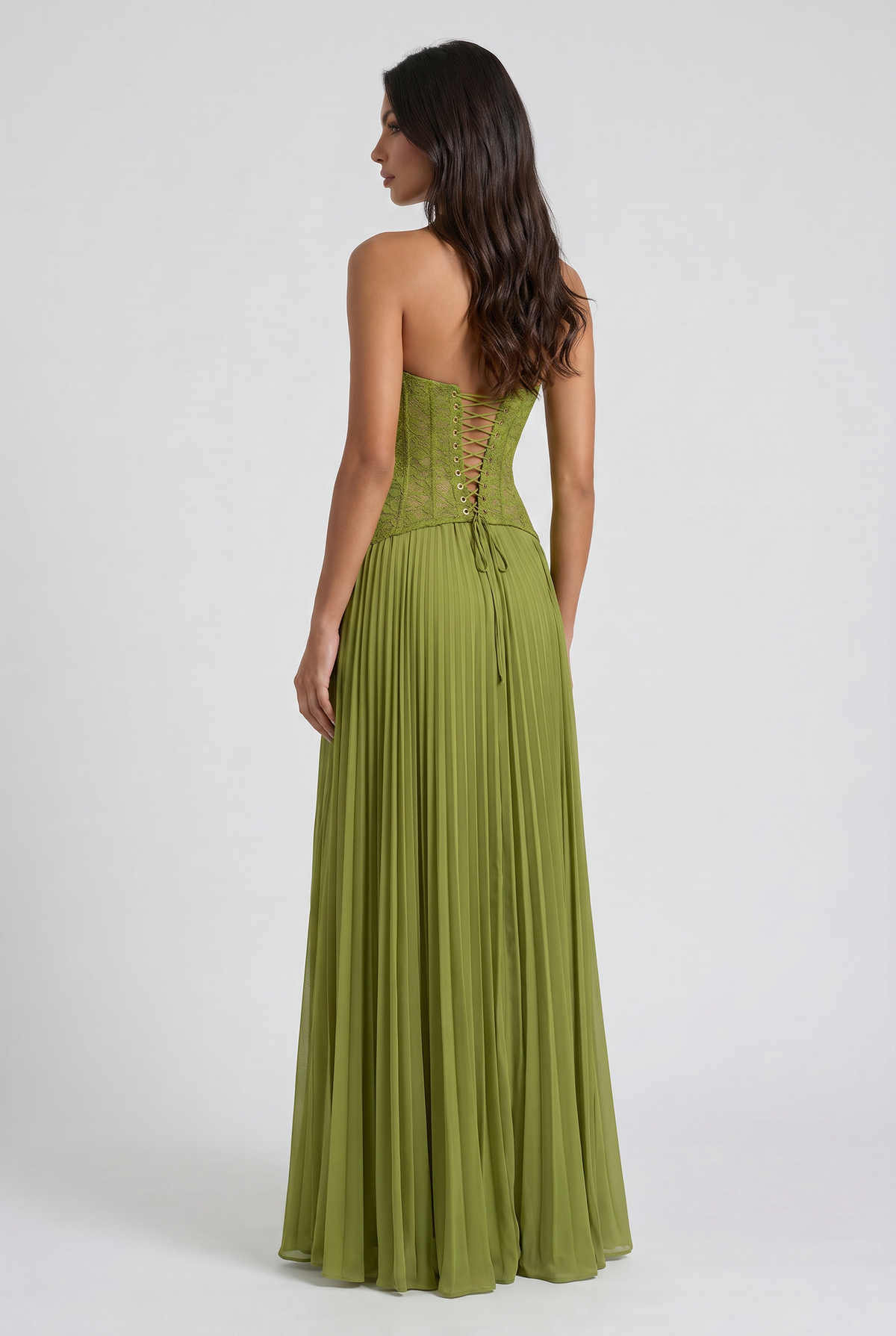 Vestido Verde Oliva de Encaje y Plisado