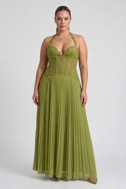 Vestido Verde Oliva de Encaje y Plisado
