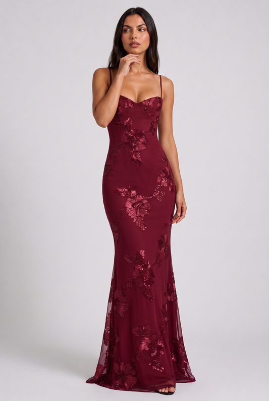Vestido Maxi Burdeos con Estampado Floral – Elegancia Femenina y Sofisticada