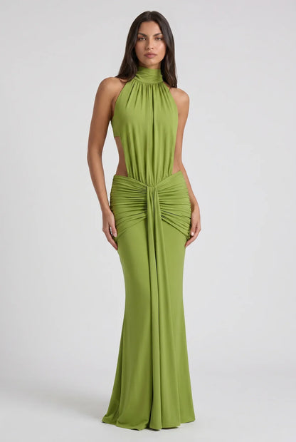 Vestido Maxi Marrón Chocolate – Elegancia Sensual con Drapeado