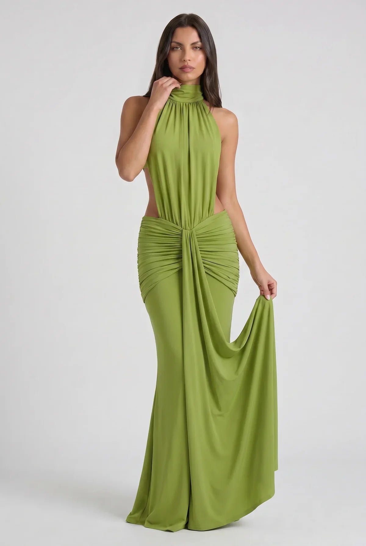 Vestido Maxi Marrón Chocolate – Elegancia Sensual con Drapeado