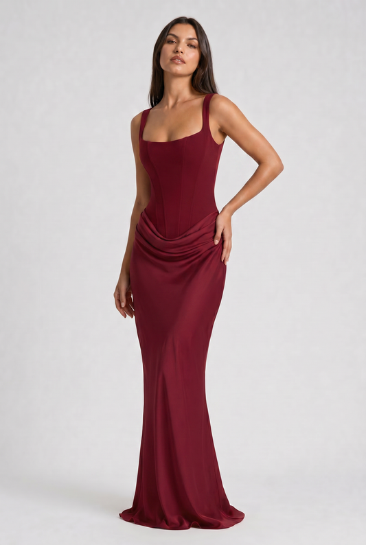 Vestido Maxi Burdeos con Drapeado – Elegancia y Silueta Refinada