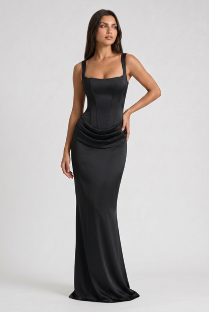 Vestido Maxi Burdeos con Drapeado – Elegancia y Silueta Refinada