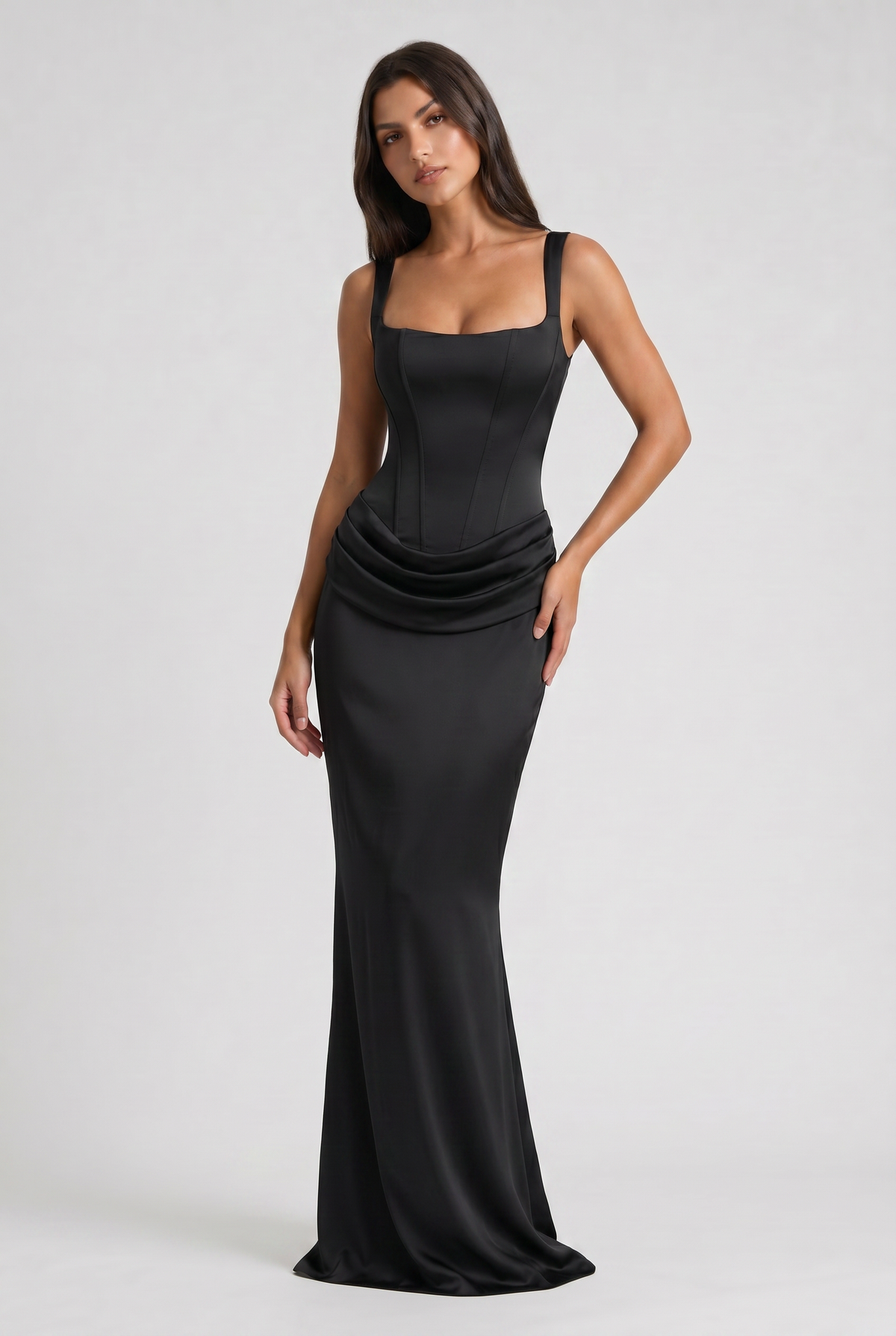 Vestido Maxi Burdeos con Drapeado – Elegancia y Silueta Refinada