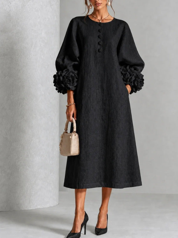 Vestido Midi Theodosia con Puños de Rosas y Botones