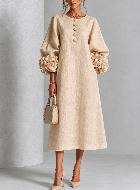 Vestido Midi Theodosia con Puños de Rosas y Botones