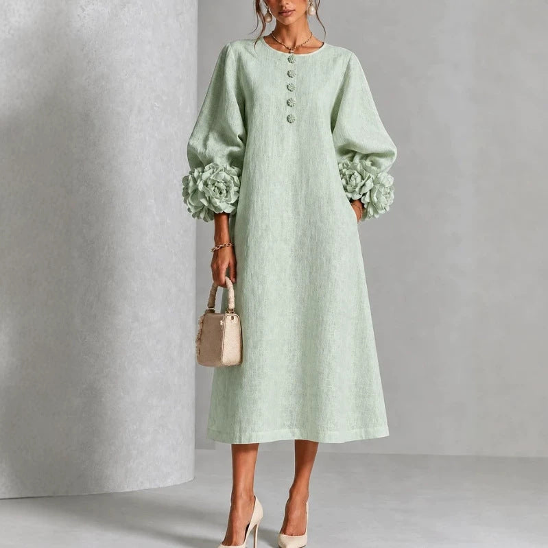 Vestido Midi Theodosia con Puños de Rosas y Botones