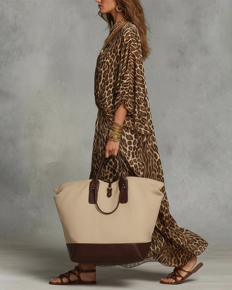 Vestido Maxi Bohemio con Estampado de Leopardo y Detalle Cruzado en la Parte Delantera