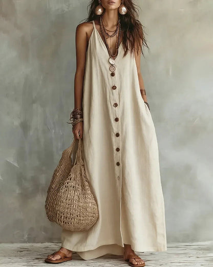 Vestido largo bohemio de cuello en V y sin mangas