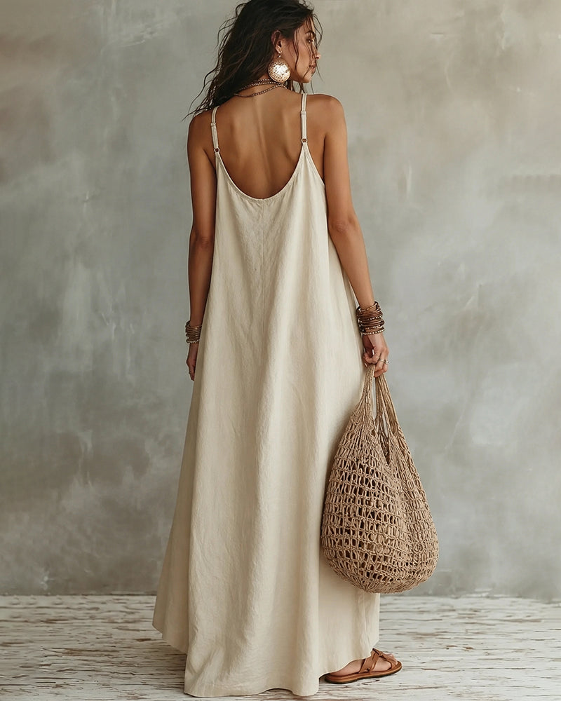 Vestido largo bohemio de cuello en V y sin mangas