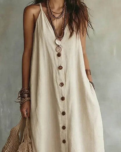 Vestido largo bohemio de cuello en V y sin mangas