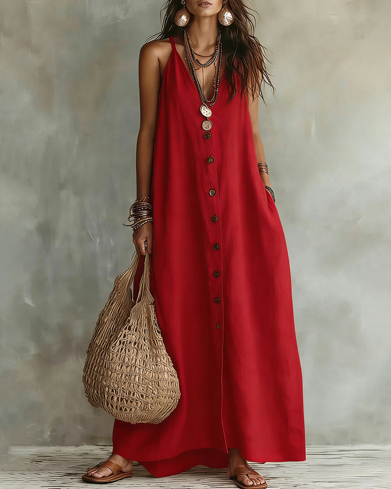 Vestido largo bohemio de cuello en V y sin mangas