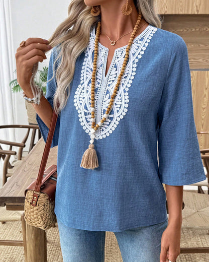 Top de Manga 3/4 de Mezcla de Algodón con Encaje de Estilo Bohemio
