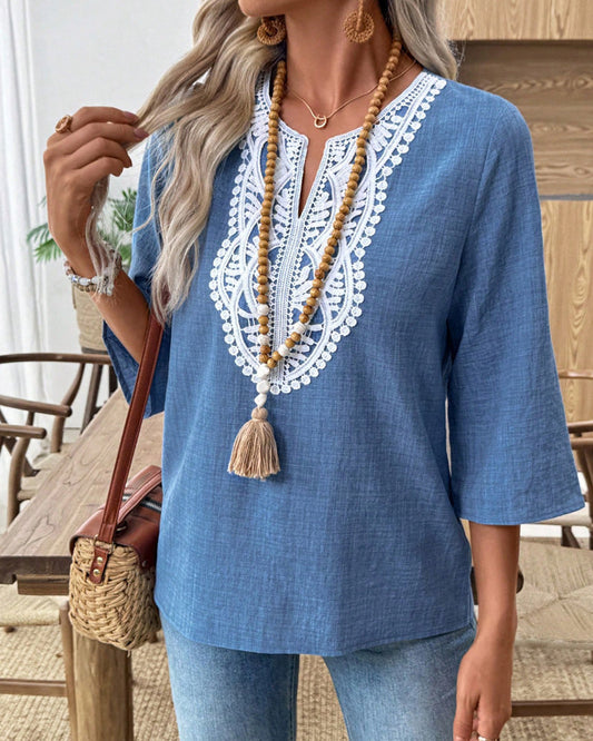 Top de Manga 3/4 de Mezcla de Algodón con Encaje de Estilo Bohemio