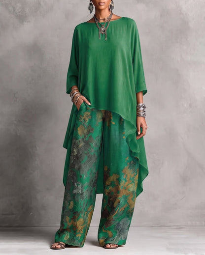 Conjunto de Top con Escote Barco y Bajo Asimétrico con Pantalón Floral de Pierna Ancha