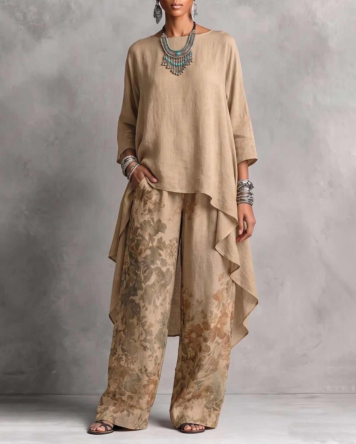 Conjunto de Top con Escote Barco y Bajo Asimétrico con Pantalón Floral de Pierna Ancha