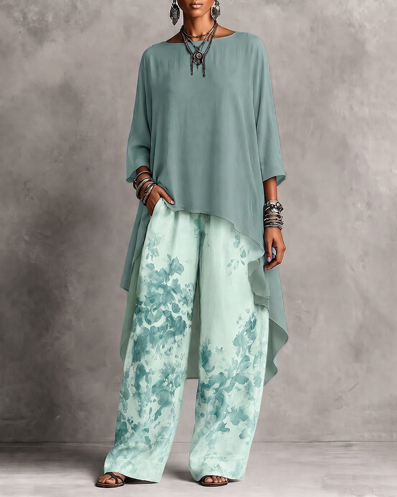Conjunto de Top con Escote Barco y Bajo Asimétrico con Pantalón Floral de Pierna Ancha