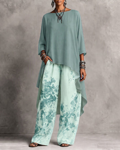 Conjunto de Top con Escote Barco y Bajo Asimétrico con Pantalón Floral de Pierna Ancha