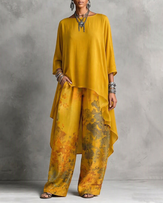 Conjunto de Top con Escote Barco y Bajo Asimétrico con Pantalón Floral de Pierna Ancha