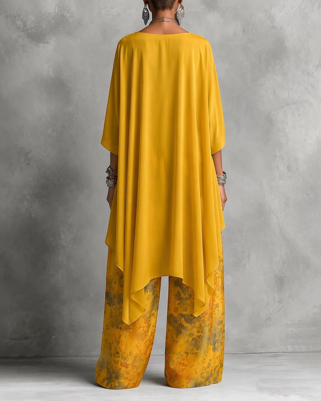 Conjunto de Top con Escote Barco y Bajo Asimétrico con Pantalón Floral de Pierna Ancha