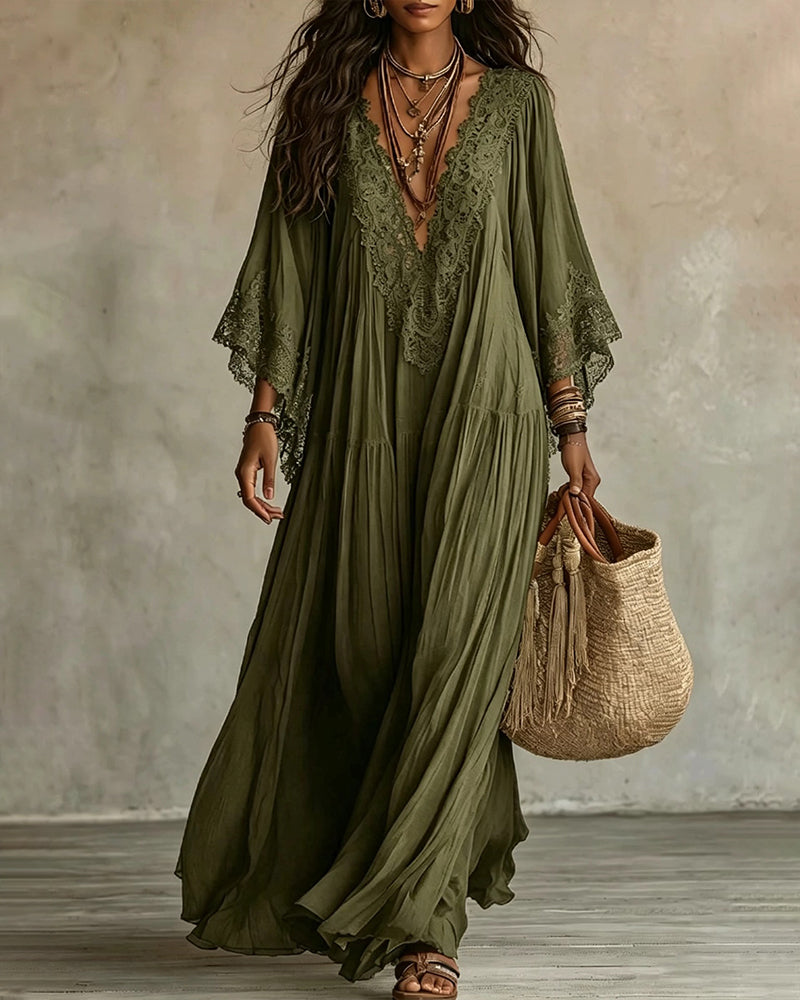 Vestido Maxi Bohemio con Ribetes de Encaje y Mangas Murciélago
