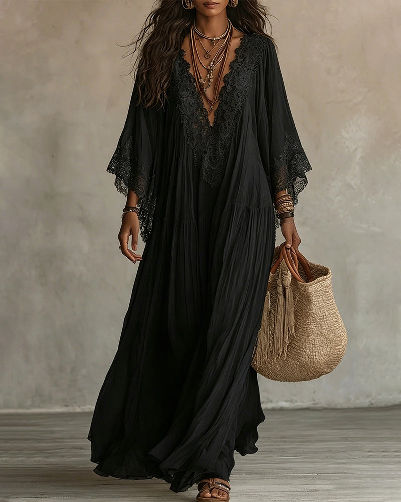 Vestido Maxi Bohemio con Ribetes de Encaje y Mangas Murciélago