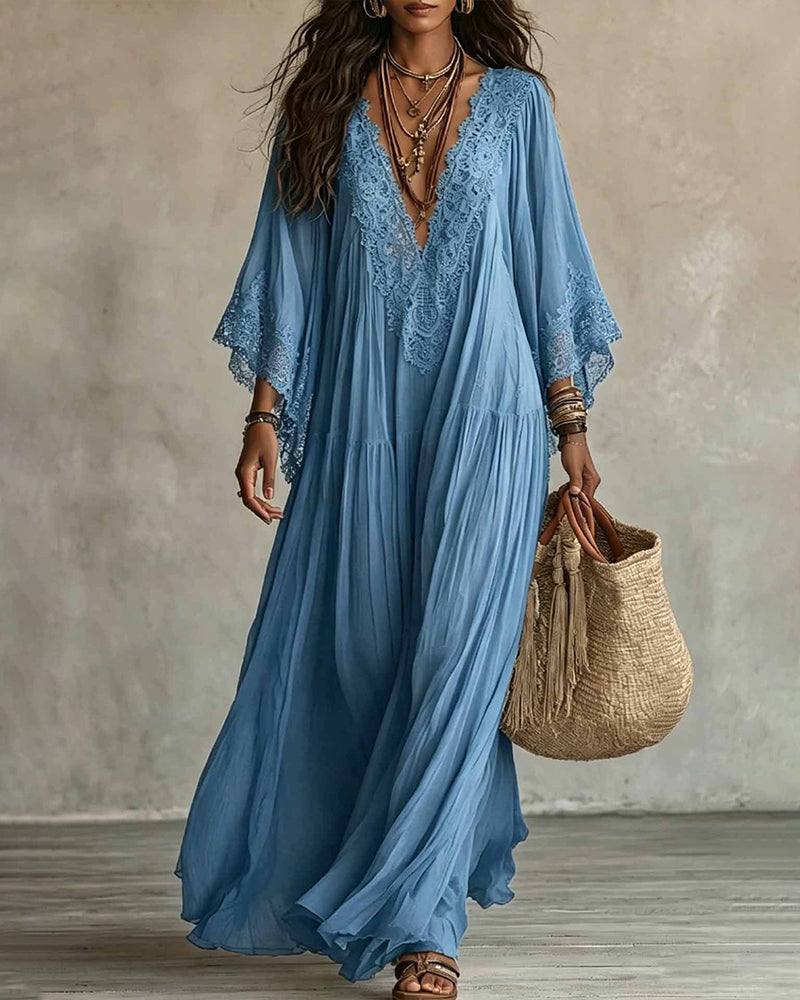 Vestido Maxi Bohemio con Ribetes de Encaje y Mangas Murciélago