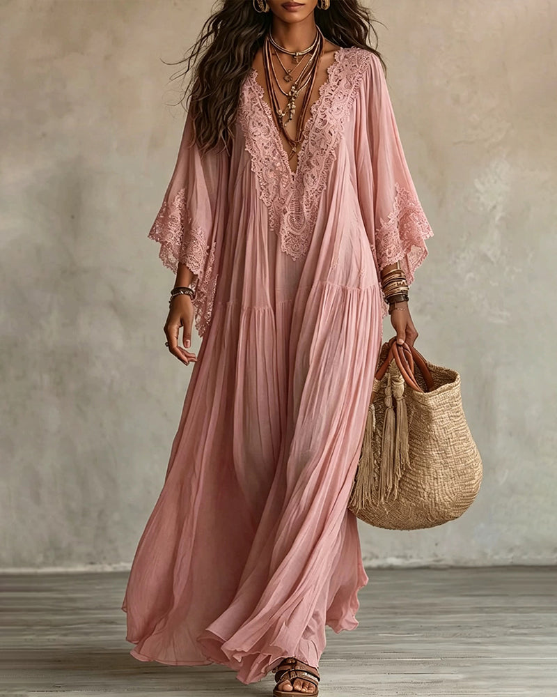 Vestido Maxi Bohemio con Ribetes de Encaje y Mangas Murciélago