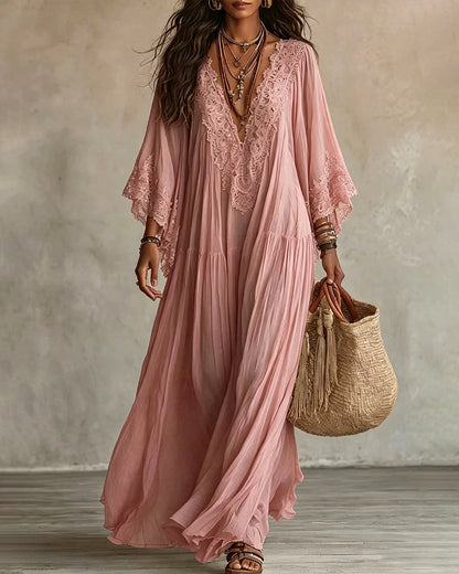 Vestido Maxi Bohemio con Ribetes de Encaje y Mangas Murciélago