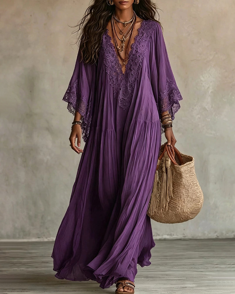 Vestido Maxi Bohemio con Ribetes de Encaje y Mangas Murciélago