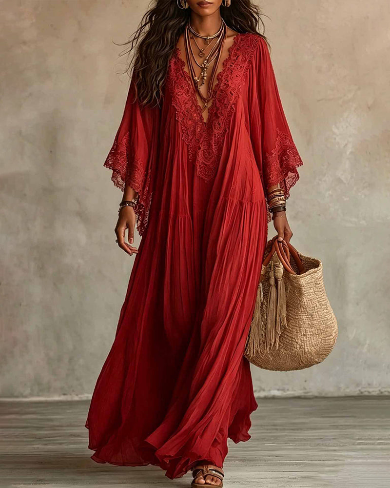 Vestido Maxi Bohemio con Ribetes de Encaje y Mangas Murciélago