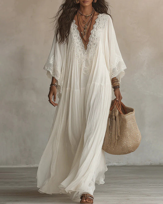 Vestido Maxi Bohemio con Ribetes de Encaje y Mangas Murciélago