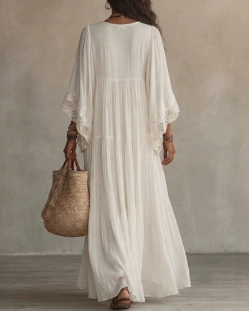 Vestido Maxi Bohemio con Ribetes de Encaje y Mangas Murciélago