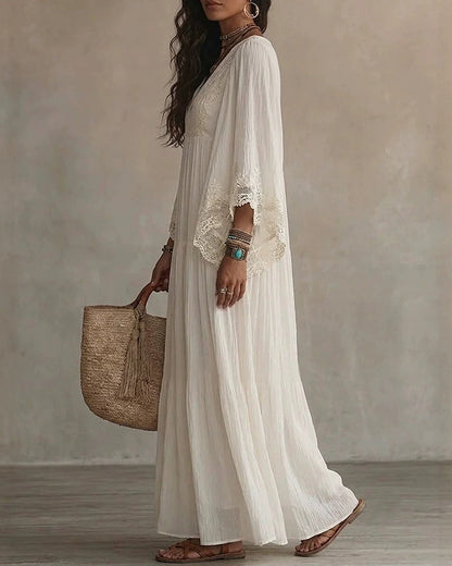 Vestido Maxi Bohemio con Ribetes de Encaje y Mangas Murciélago