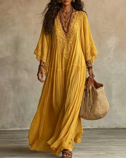Vestido Maxi Bohemio con Ribetes de Encaje y Mangas Murciélago