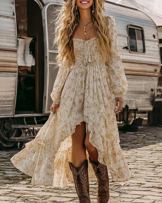 Vestido Maxi Bohemio Chic con Estampado Floral y Corte Imperio