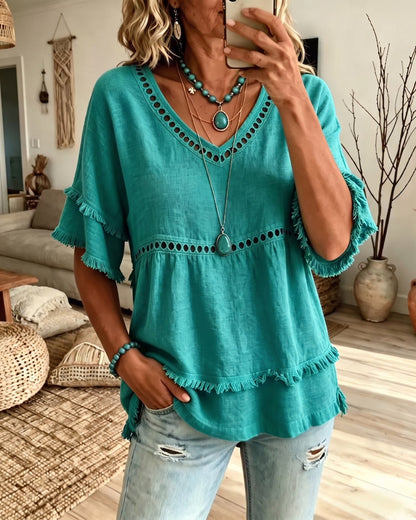 Blusa babydoll bohemia con flecos