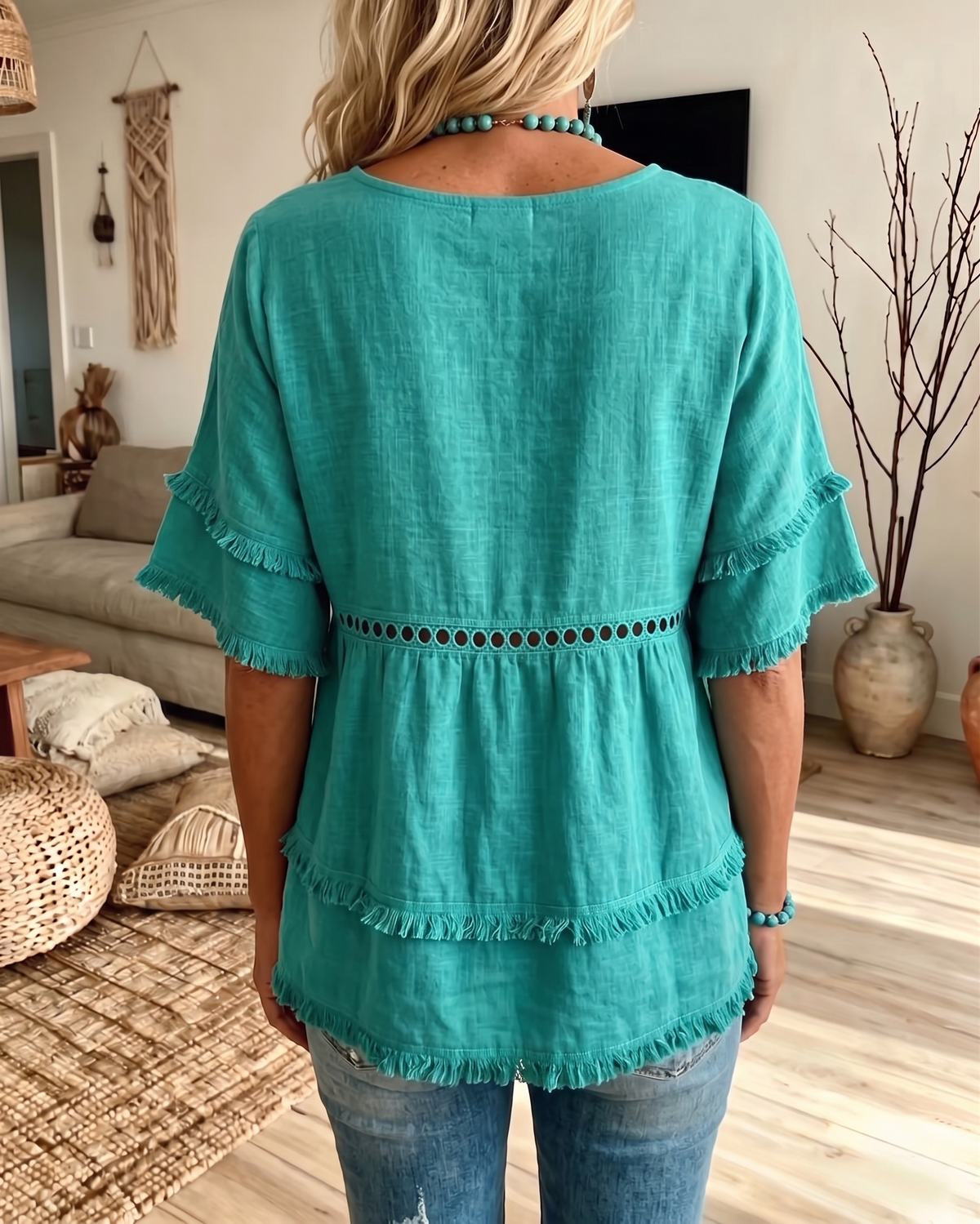 Blusa babydoll bohemia con flecos