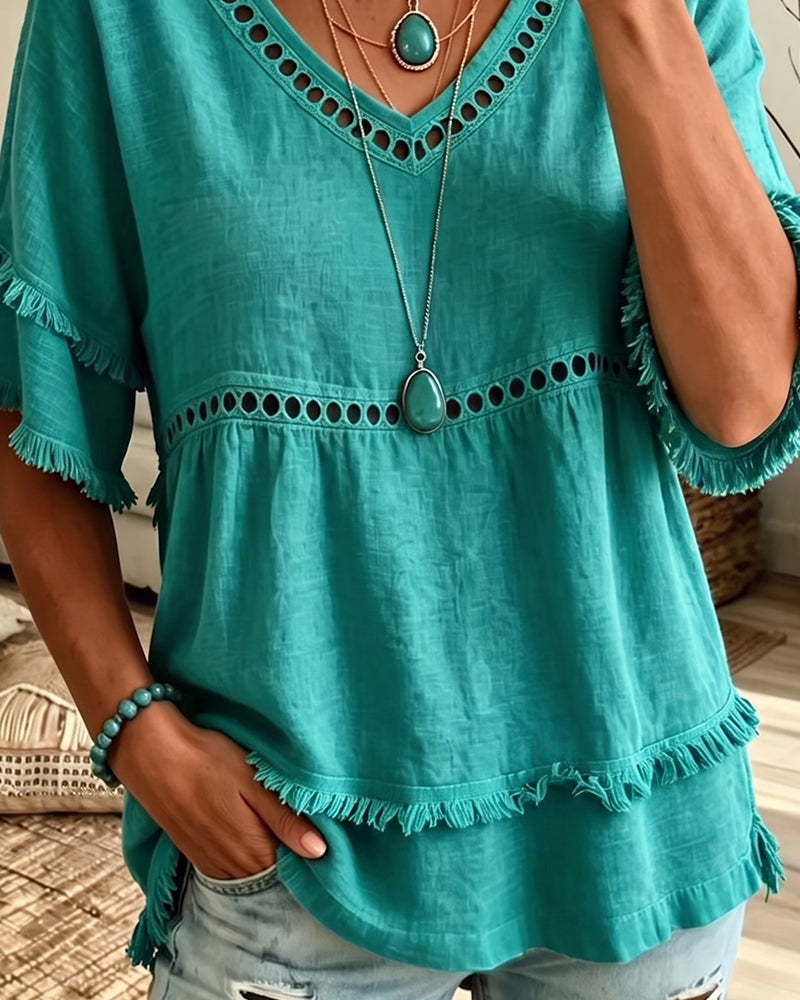 Blusa babydoll bohemia con flecos