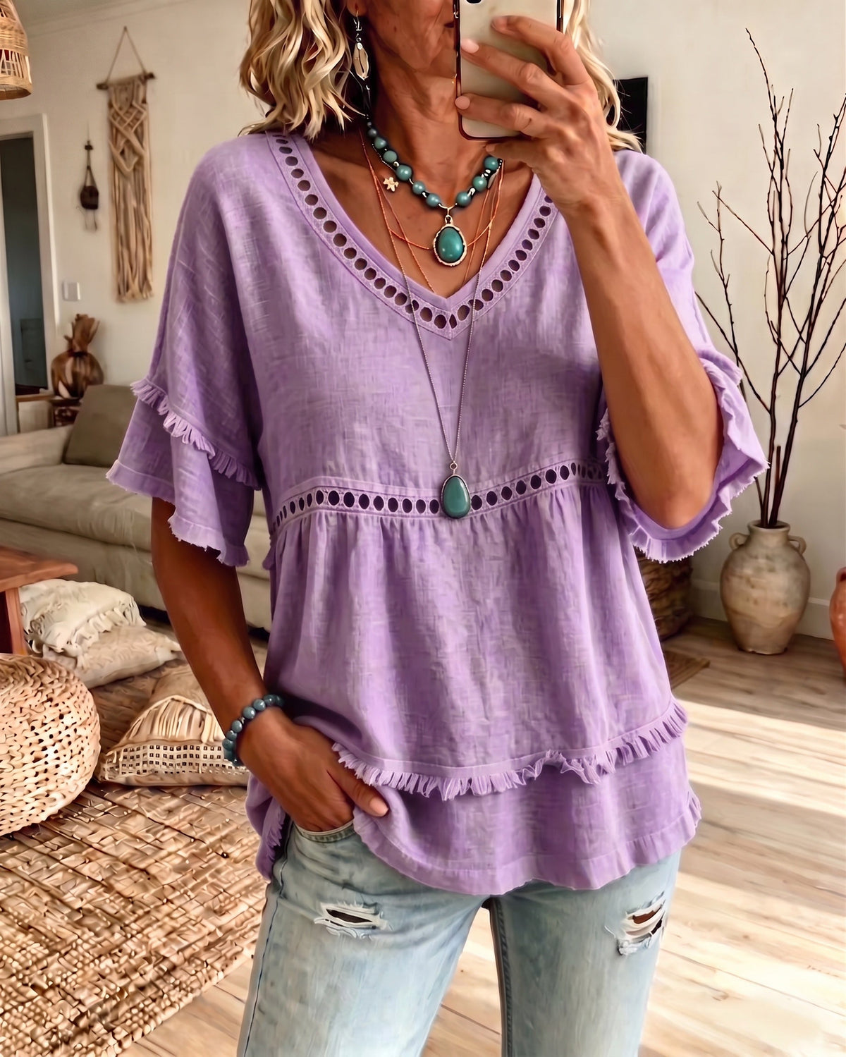 Blusa babydoll bohemia con flecos