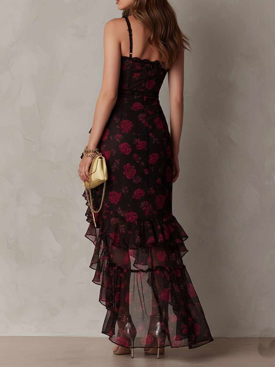 Vestido Largo Floral con Bajo de Volantes