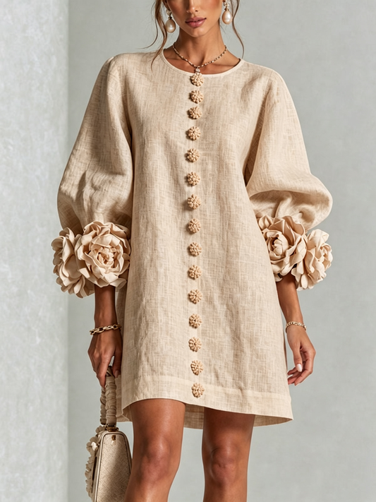 Vestido Mini de Mezcla de Lino con Puños de Flores, Beige