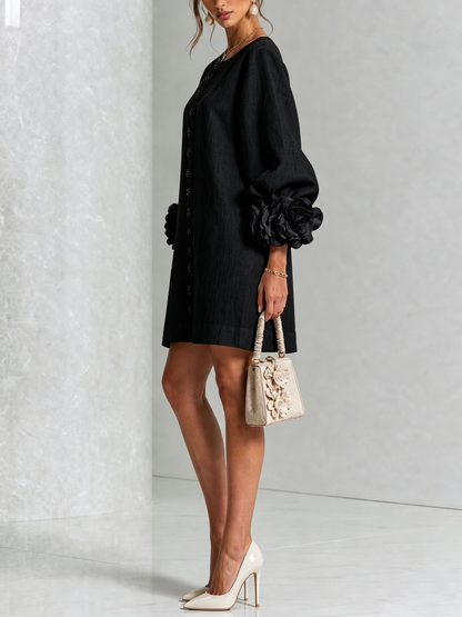 Vestido Mini de Lino Mezclado con Puños de Rosa, Negro