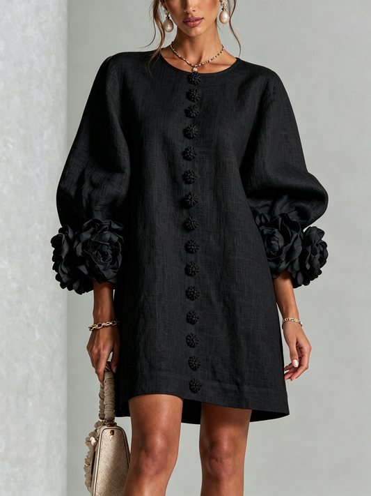 Vestido Mini de Lino Mezclado con Puños de Rosa, Negro