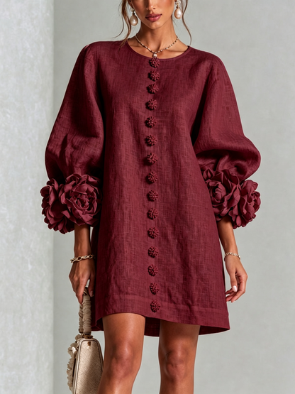 Vestido Mini de Mezcla de Lino con Puños de Flores, Burdeos