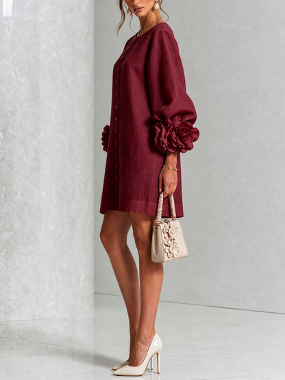 Vestido Mini de Mezcla de Lino con Puños de Flores, Burdeos