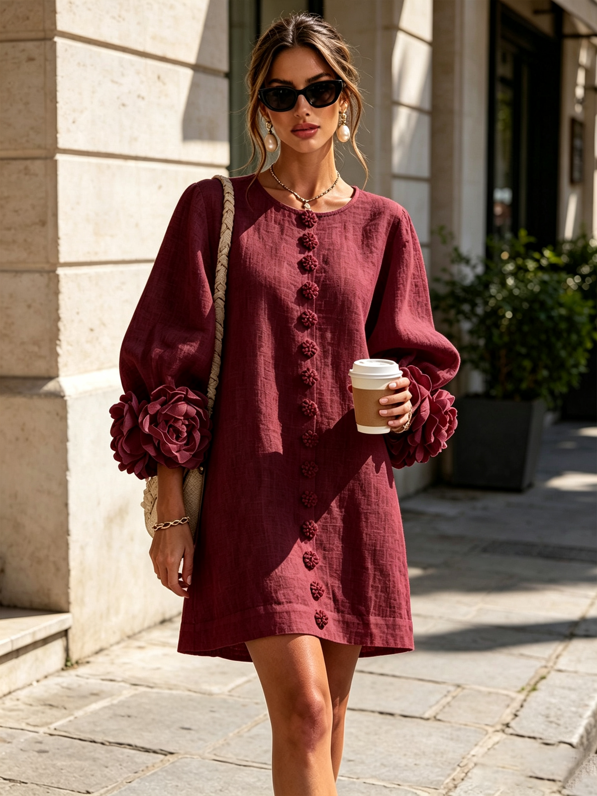 Vestido Mini de Mezcla de Lino con Puños de Flores, Burdeos