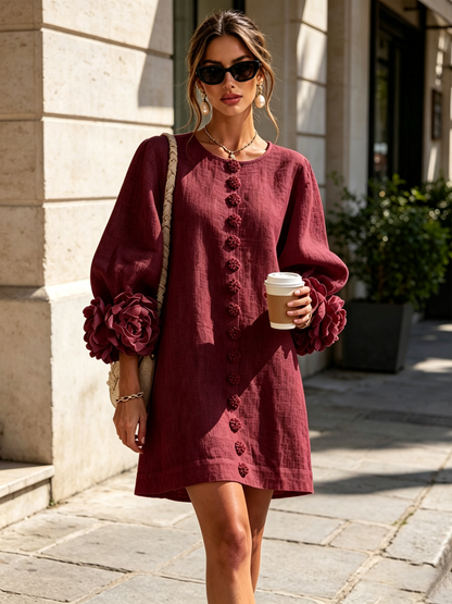 Vestido Mini de Mezcla de Lino con Puños de Flores, Burdeos