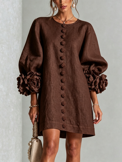 Vestido Mini de Lino Mezclado con Puños de Rosa, Marrón Chocolate